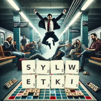 Kreatywna ilustracja do gry w Scrabble ze słowem SYLWETKI ułożonym z płytek na planszy.