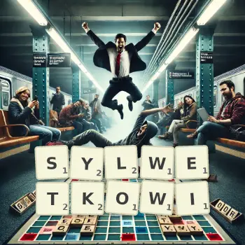 Kreatywna ilustracja do gry w Scrabble ze słowem SYLWETKOWI ułożonym z płytek na planszy.