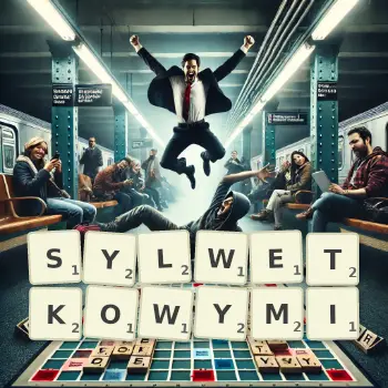 Kreatywna ilustracja do gry w Scrabble ze słowem SYLWETKOWYMI ułożonym z płytek na planszy.