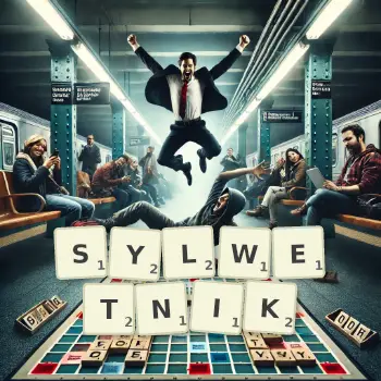 Kreatywna ilustracja do gry w Scrabble ze słowem SYLWETNIK ułożonym z płytek na planszy.