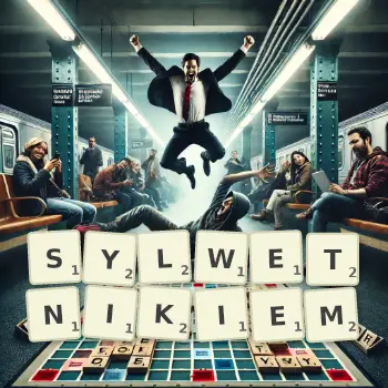 Kreatywna ilustracja do gry w Scrabble ze słowem SYLWETNIKIEM ułożonym z płytek na planszy.