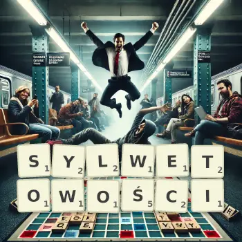 Kreatywna ilustracja do gry w Scrabble ze słowem SYLWETOWOŚCI ułożonym z płytek na planszy.