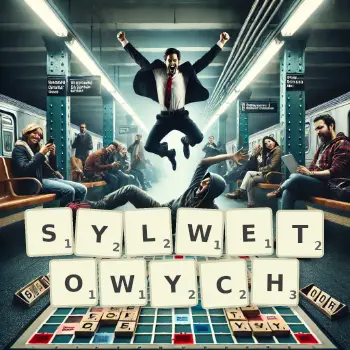 Kreatywna ilustracja do gry w Scrabble ze słowem SYLWETOWYCH ułożonym z płytek na planszy.