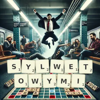 Kreatywna ilustracja do gry w Scrabble ze słowem SYLWETOWYMI ułożonym z płytek na planszy.