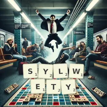 Kreatywna ilustracja do gry w Scrabble ze słowem SYLWETY ułożonym z płytek na planszy.