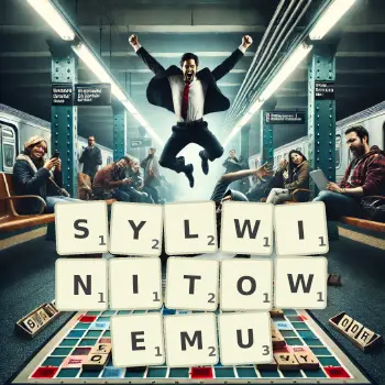 Kreatywna ilustracja do gry w Scrabble ze słowem SYLWINITOWEMU ułożonym z płytek na planszy.