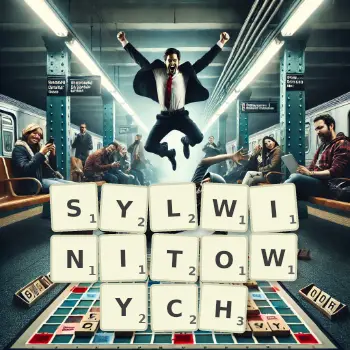 Kreatywna ilustracja do gry w Scrabble ze słowem SYLWINITOWYCH ułożonym z płytek na planszy.