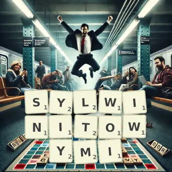 Kreatywna ilustracja do gry w Scrabble ze słowem SYLWINITOWYMI ułożonym z płytek na planszy.