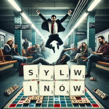 Kreatywna ilustracja do gry w Scrabble ze słowem SYLWINÓW ułożonym z płytek na planszy.