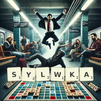 Kreatywna ilustracja do gry w Scrabble ze słowem SYLWKA ułożonym z płytek na planszy.