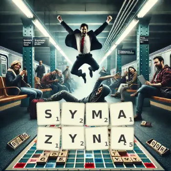 Kreatywna ilustracja do gry w Scrabble ze słowem SYMAZYNĄ ułożonym z płytek na planszy.