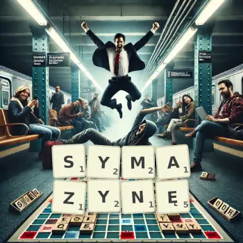 Kreatywna ilustracja do gry w Scrabble ze słowem SYMAZYNĘ ułożonym z płytek na planszy.