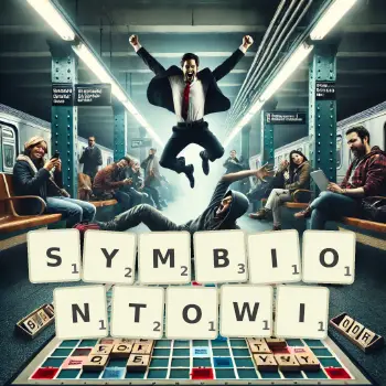 Kreatywna ilustracja do gry w Scrabble ze słowem SYMBIONTOWI ułożonym z płytek na planszy.