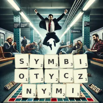 Kreatywna ilustracja do gry w Scrabble ze słowem SYMBIOTYCZNYMI ułożonym z płytek na planszy.