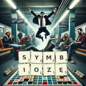 Kreatywna ilustracja do gry w Scrabble ze słowem SYMBIOZĘ ułożonym z płytek na planszy.