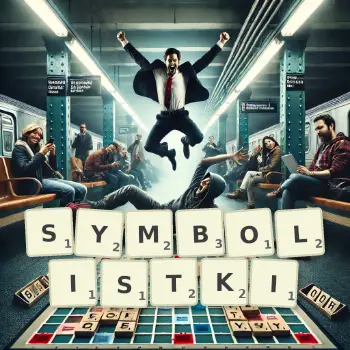 Kreatywna ilustracja do gry w Scrabble ze słowem SYMBOLISTKI ułożonym z płytek na planszy.