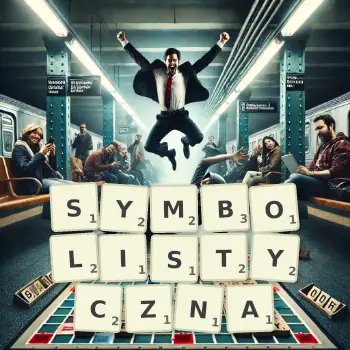 Kreatywna ilustracja do gry w Scrabble ze słowem SYMBOLISTYCZNA ułożonym z płytek na planszy.