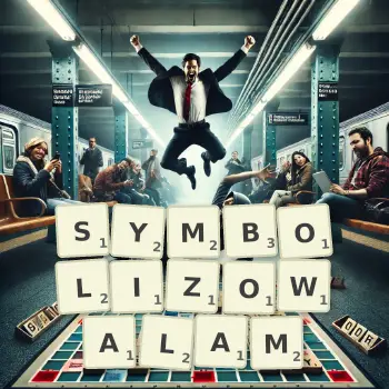 Kreatywna ilustracja do gry w Scrabble ze słowem SYMBOLIZOWALAM ułożonym z płytek na planszy.