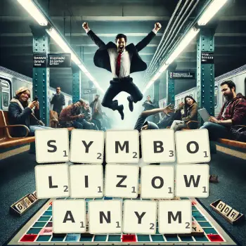 Kreatywna ilustracja do gry w Scrabble ze słowem SYMBOLIZOWANYM ułożonym z płytek na planszy.