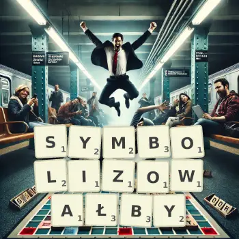 Kreatywna ilustracja do gry w Scrabble ze słowem SYMBOLIZOWAŁBY ułożonym z płytek na planszy.
