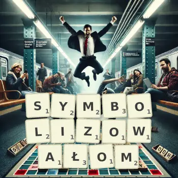 Kreatywna ilustracja do gry w Scrabble ze słowem SYMBOLIZOWAŁOM ułożonym z płytek na planszy.