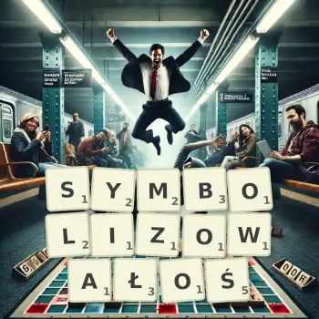 Kreatywna ilustracja do gry w Scrabble ze słowem SYMBOLIZOWAŁOŚ ułożonym z płytek na planszy.