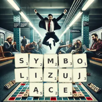 Kreatywna ilustracja do gry w Scrabble ze słowem SYMBOLIZUJĄCE ułożonym z płytek na planszy.