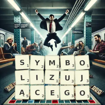 Kreatywna ilustracja do gry w Scrabble ze słowem SYMBOLIZUJĄCEGO ułożonym z płytek na planszy.