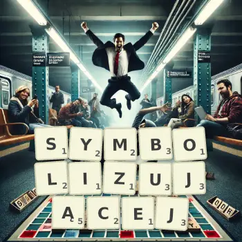 Kreatywna ilustracja do gry w Scrabble ze słowem SYMBOLIZUJĄCEJ ułożonym z płytek na planszy.
