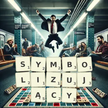 Kreatywna ilustracja do gry w Scrabble ze słowem SYMBOLIZUJĄCY ułożonym z płytek na planszy.