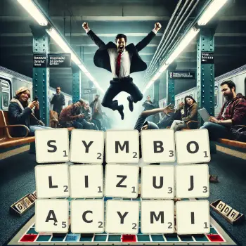 Kreatywna ilustracja do gry w Scrabble ze słowem SYMBOLIZUJĄCYMI ułożonym z płytek na planszy.