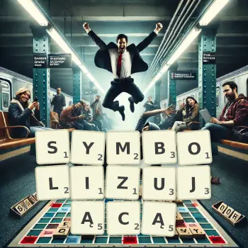 Kreatywna ilustracja do gry w Scrabble ze słowem SYMBOLIZUJĄCĄ ułożonym z płytek na planszy.