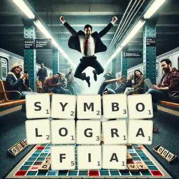 Kreatywna ilustracja do gry w Scrabble ze słowem SYMBOLOGRAFIA ułożonym z płytek na planszy.
