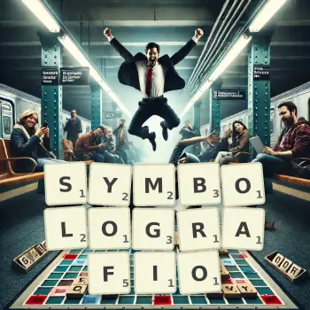 Kreatywna ilustracja do gry w Scrabble ze słowem SYMBOLOGRAFIO ułożonym z płytek na planszy.