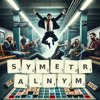 Kreatywna ilustracja do gry w Scrabble ze słowem SYMETRALNYM ułożonym z płytek na planszy.