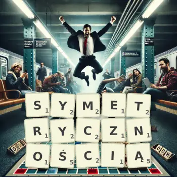 Kreatywna ilustracja do gry w Scrabble ze słowem SYMETRYCZNOŚCIĄ ułożonym z płytek na planszy.