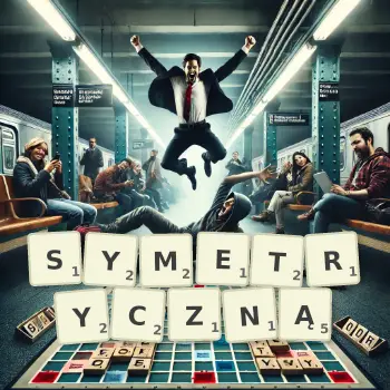 Kreatywna ilustracja do gry w Scrabble ze słowem SYMETRYCZNĄ ułożonym z płytek na planszy.