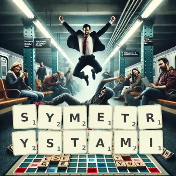 Kreatywna ilustracja do gry w Scrabble ze słowem SYMETRYSTAMI ułożonym z płytek na planszy.
