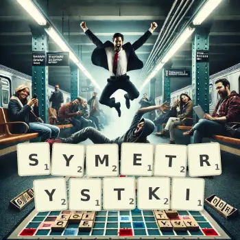 Kreatywna ilustracja do gry w Scrabble ze słowem SYMETRYSTKI ułożonym z płytek na planszy.
