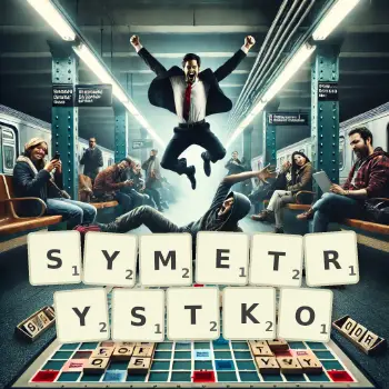 Kreatywna ilustracja do gry w Scrabble ze słowem SYMETRYSTKO ułożonym z płytek na planszy.