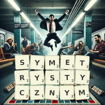 Kreatywna ilustracja do gry w Scrabble ze słowem SYMETRYSTYCZNYM ułożonym z płytek na planszy.