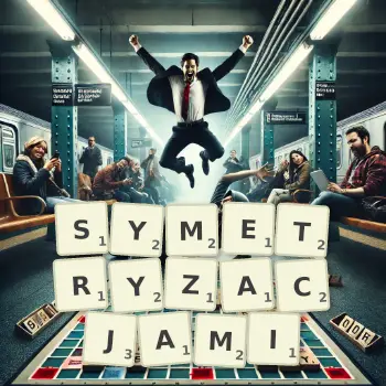 Kreatywna ilustracja do gry w Scrabble ze słowem SYMETRYZACJAMI ułożonym z płytek na planszy.