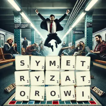 Kreatywna ilustracja do gry w Scrabble ze słowem SYMETRYZATOROWI ułożonym z płytek na planszy.