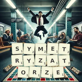 Kreatywna ilustracja do gry w Scrabble ze słowem SYMETRYZATORZE ułożonym z płytek na planszy.