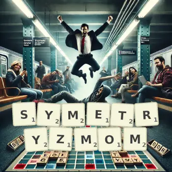 Kreatywna ilustracja do gry w Scrabble ze słowem SYMETRYZMOM ułożonym z płytek na planszy.