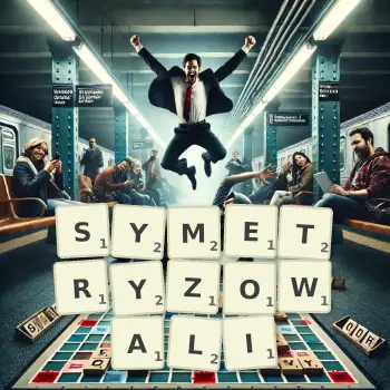 Kreatywna ilustracja do gry w Scrabble ze słowem SYMETRYZOWALI ułożonym z płytek na planszy.