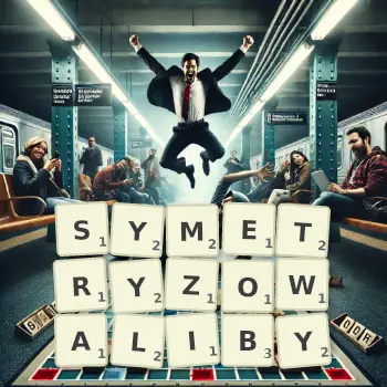 Kreatywna ilustracja do gry w Scrabble ze słowem SYMETRYZOWALIBY ułożonym z płytek na planszy.