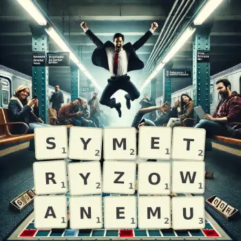 Kreatywna ilustracja do gry w Scrabble ze słowem SYMETRYZOWANEMU ułożonym z płytek na planszy.