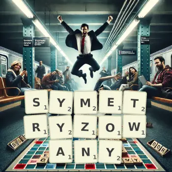 Kreatywna ilustracja do gry w Scrabble ze słowem SYMETRYZOWANY ułożonym z płytek na planszy.