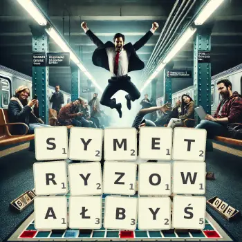 Kreatywna ilustracja do gry w Scrabble ze słowem SYMETRYZOWAŁBYŚ ułożonym z płytek na planszy.